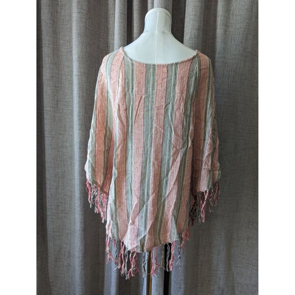 Billabong Striped Fringe Poncho S/M Red/Blue/Tan Beach Cover up Bikini Swimsuit - Picture 3 of 10